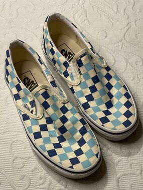 Vans Checkerboard Slip-On Sneakers - Navy & Light Blue & Cream W-7.5 M-6